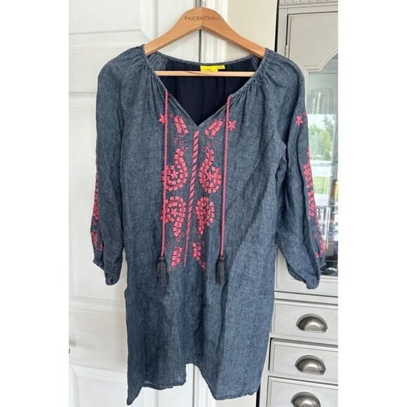 Roller Rabbit XXS Gray Linen Embroidered Cotton Shift Dress Pockets Boho - Picture 1 of 7